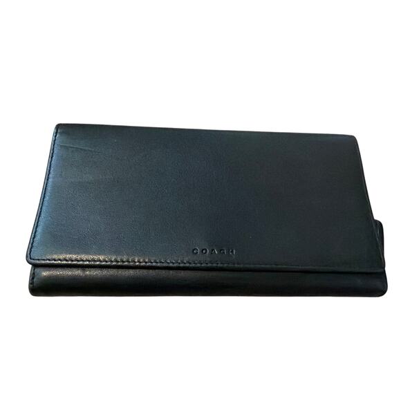 Coach Black Leather Envelope Slim Skinny Flap Continental Snap Wallet Clutch - Picture 1 of 9